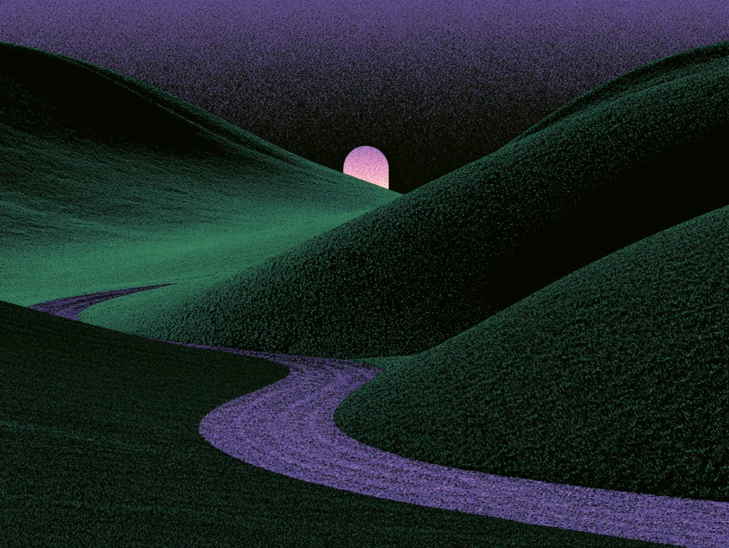 Surreal landscape illustration with rolling hills and a winding path