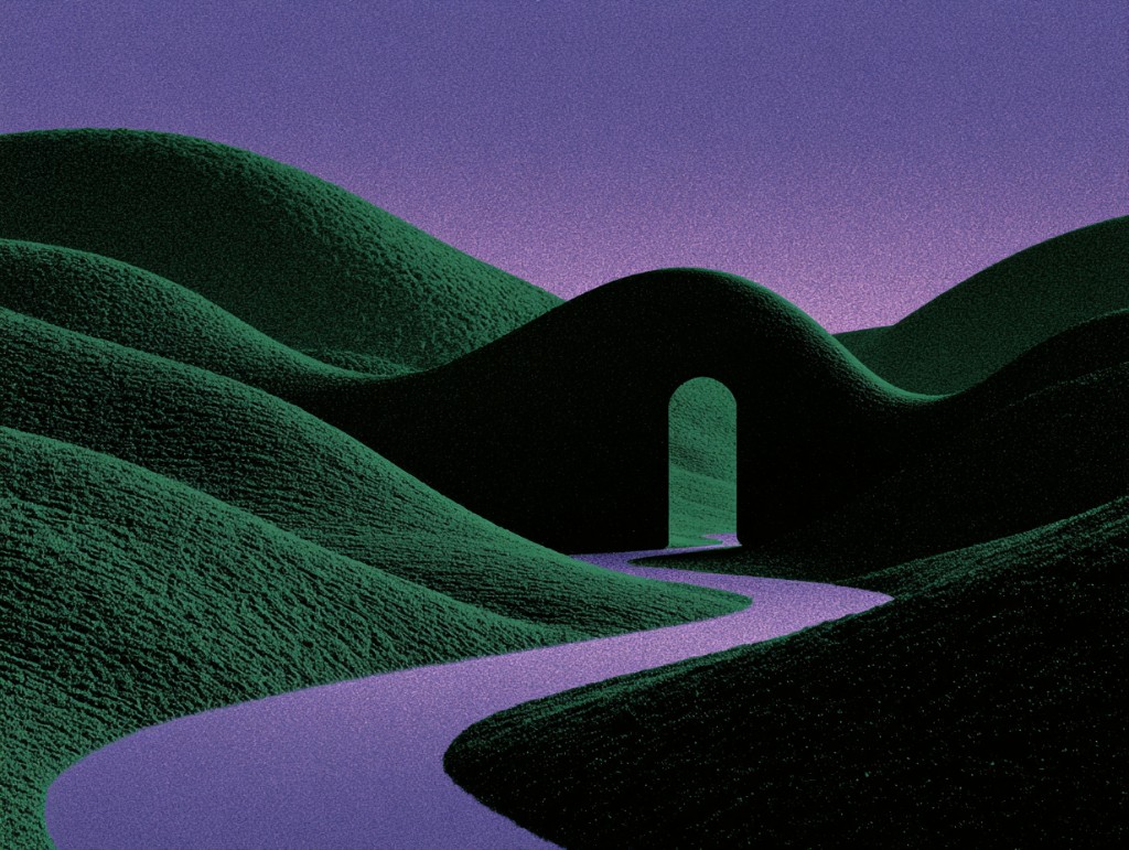 Surreal landscape illustration with rolling hills and a winding path