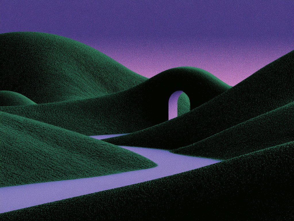 Surreal landscape illustration with rolling hills and a winding path