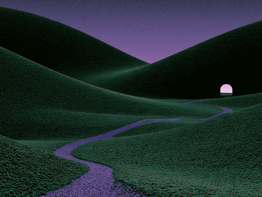 Surreal landscape illustration with rolling hills and a winding path