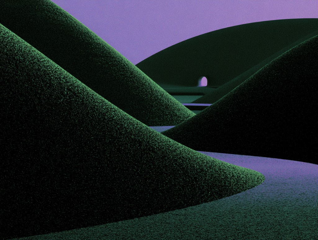Surreal landscape illustration with rolling hills and a winding path