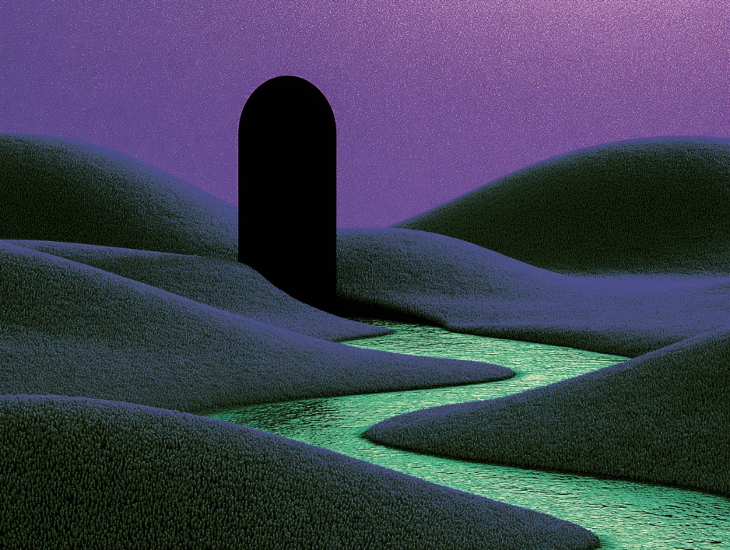 Surreal landscape illustration with rolling hills and a winding path