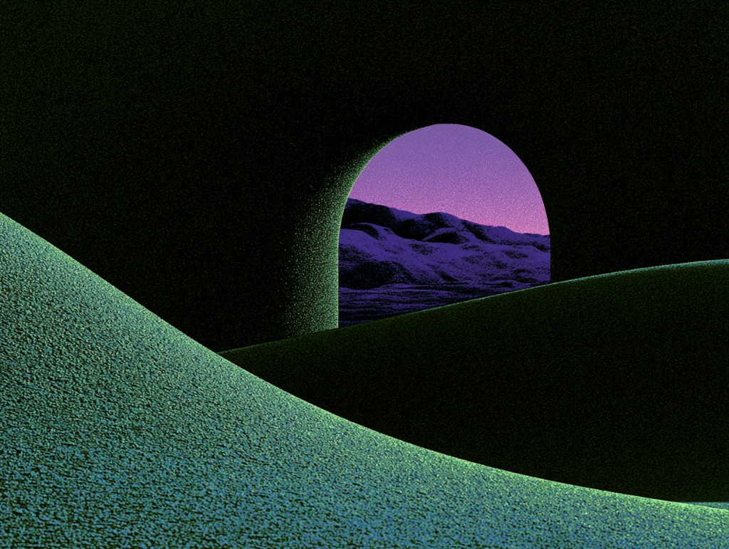 Surreal landscape illustration with rolling hills and a winding path