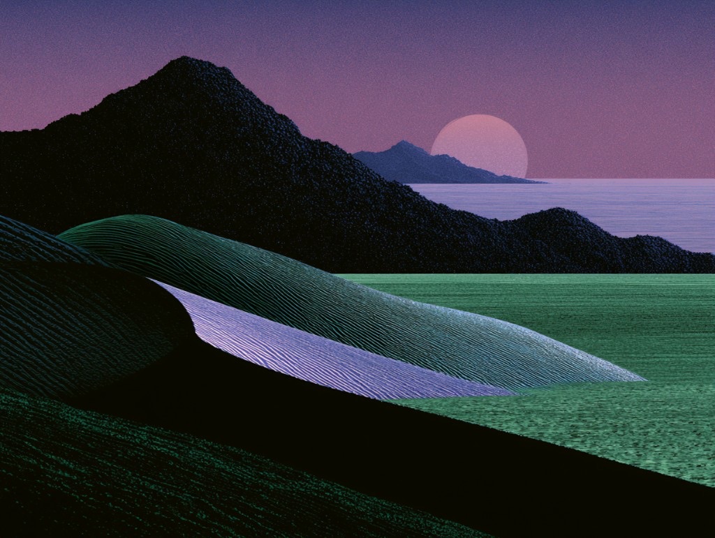 Stylized landscape with teal and lilac dunes, dark mountains, and a pale sun over a purple sky