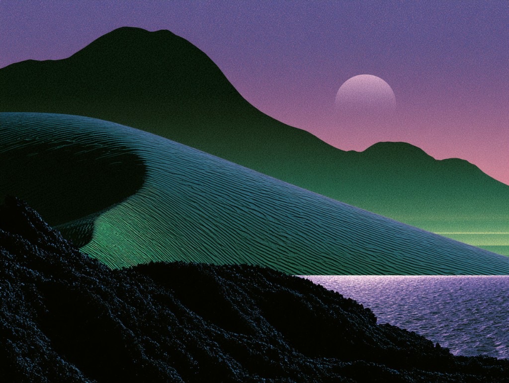 Stylized landscape with a glowing teal dune, dark mountains, and a pale moon in a purple twilight sky