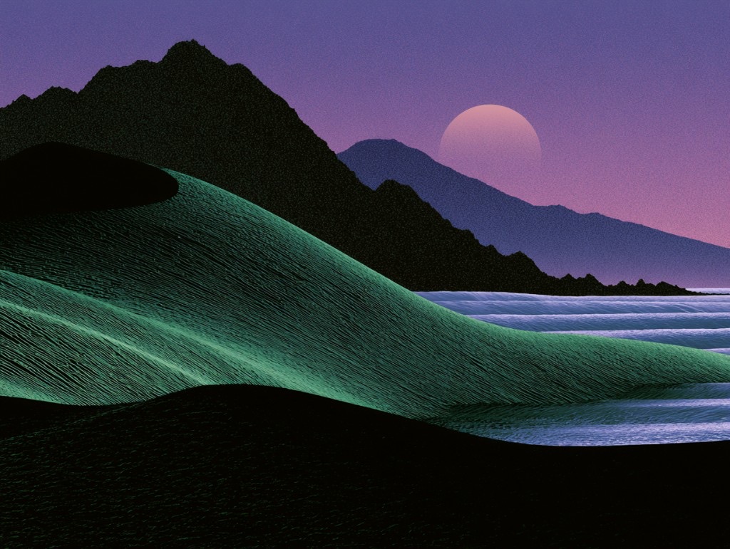 Stylized landscape with an emerald dune, dark mountains, and a pink moon in a purple sky