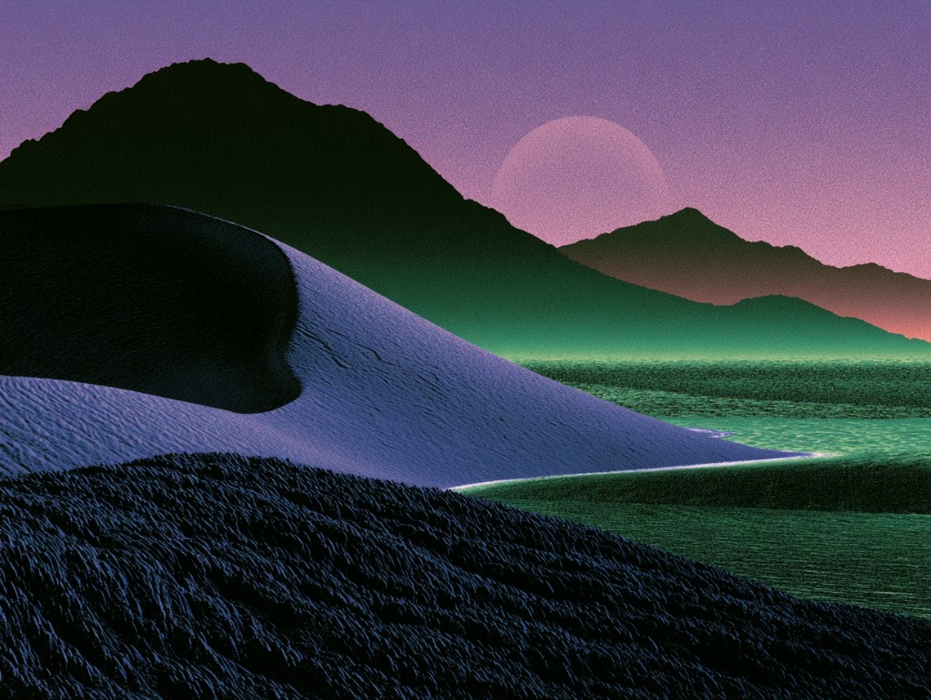 Stylized landscape with a lavender dune, teal water, and a faint moon behind dark mountains