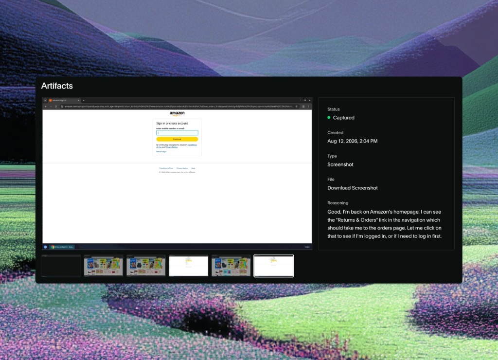 Deck Artifacts session replay showing an Amazon sign-in screenshot, capture metadata, and agent reasoning